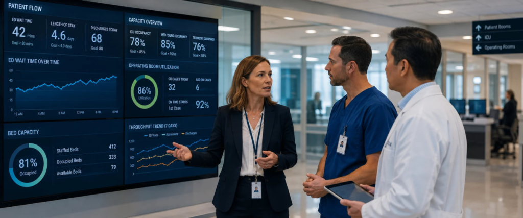 Healthcare executives reviewing data